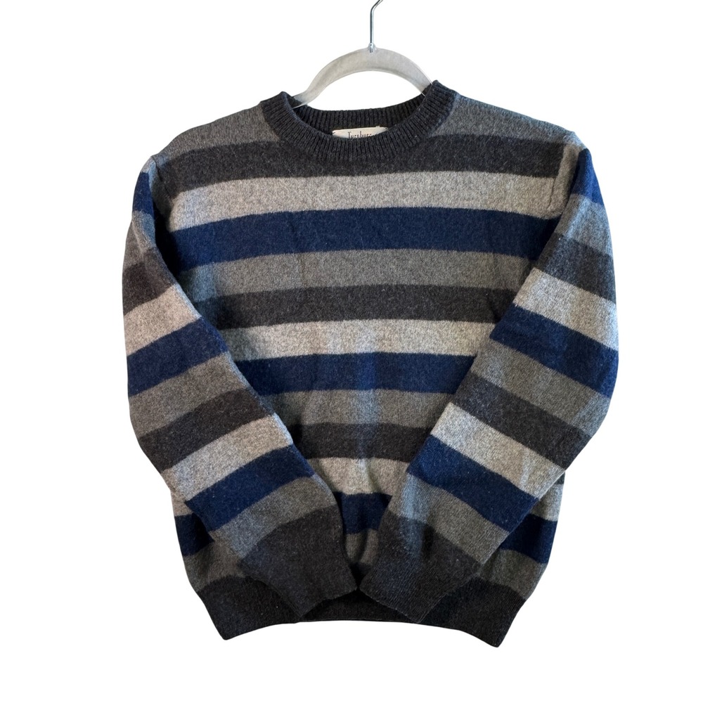 Turnbury Lambswool Sweater Striped Navy Grey Crewneck Wool Knit Top Women Medium